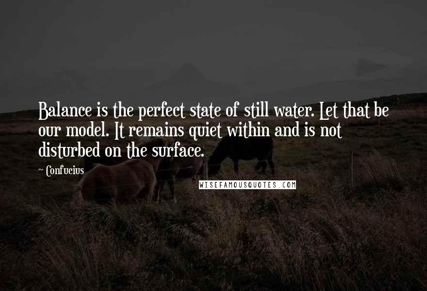 Confucius Quotes: Balance is the perfect state of still water. Let that be our model. It remains quiet within and is not disturbed on the surface.