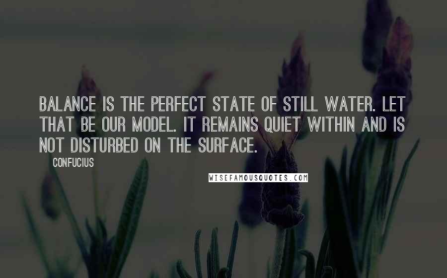 Confucius Quotes: Balance is the perfect state of still water. Let that be our model. It remains quiet within and is not disturbed on the surface.