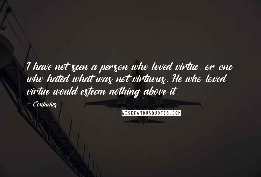 Confucius Quotes: I have not seen a person who loved virtue, or one who hated what was not virtuous. He who loved virtue would esteem nothing above it.