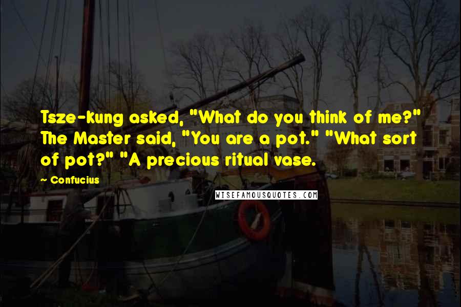 Confucius Quotes: Tsze-kung asked, "What do you think of me?" The Master said, "You are a pot." "What sort of pot?" "A precious ritual vase.