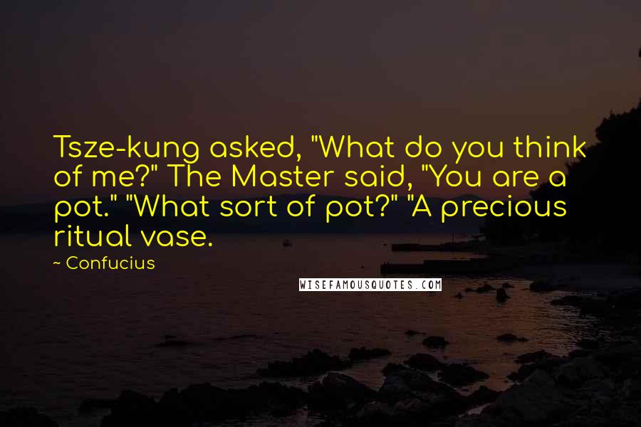 Confucius Quotes: Tsze-kung asked, "What do you think of me?" The Master said, "You are a pot." "What sort of pot?" "A precious ritual vase.