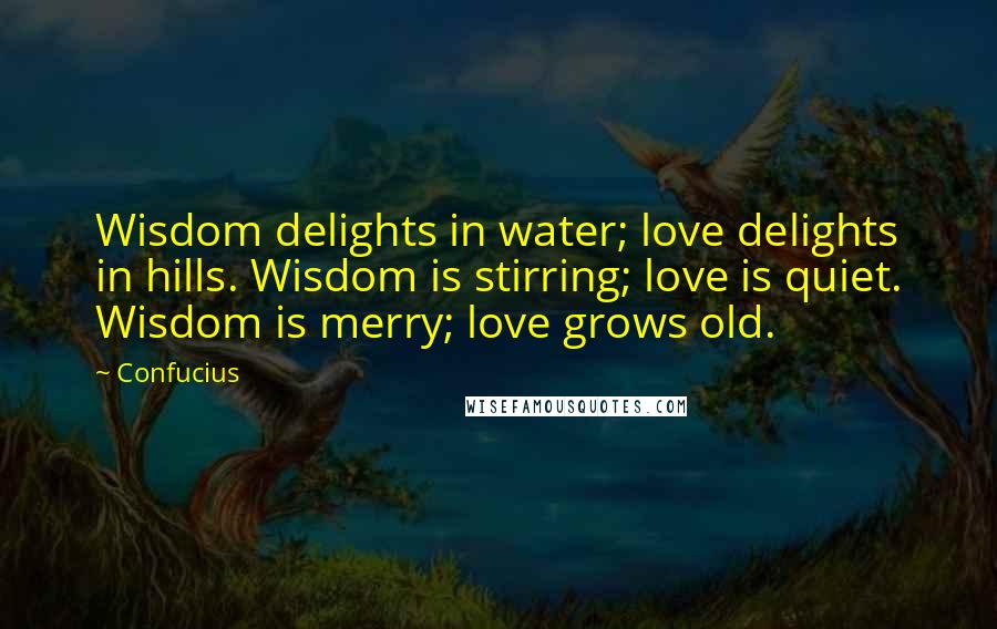 Confucius Quotes: Wisdom delights in water; love delights in hills. Wisdom is stirring; love is quiet. Wisdom is merry; love grows old.