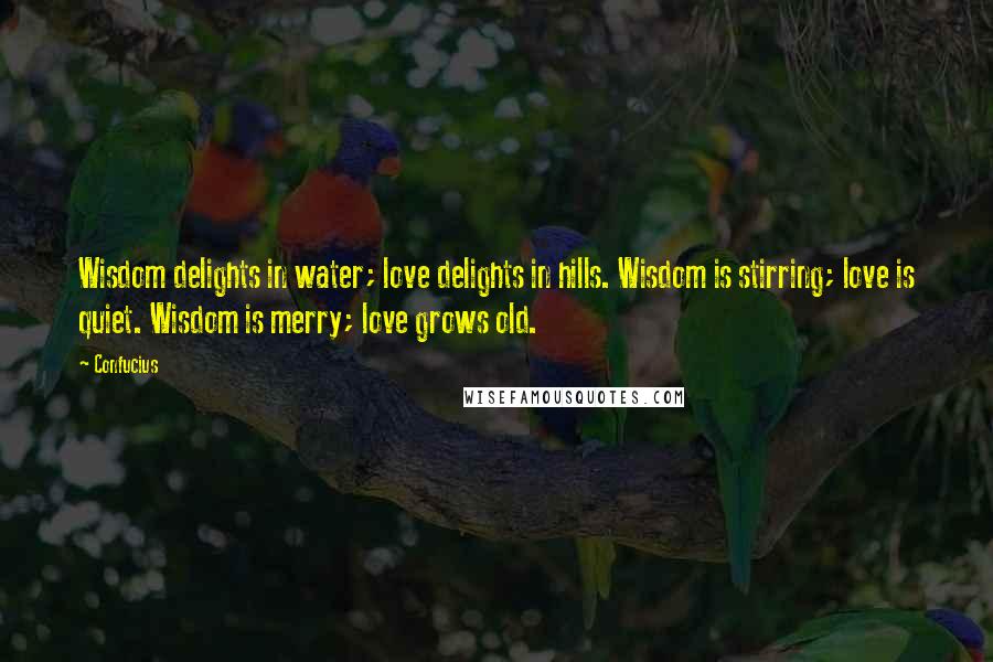 Confucius Quotes: Wisdom delights in water; love delights in hills. Wisdom is stirring; love is quiet. Wisdom is merry; love grows old.