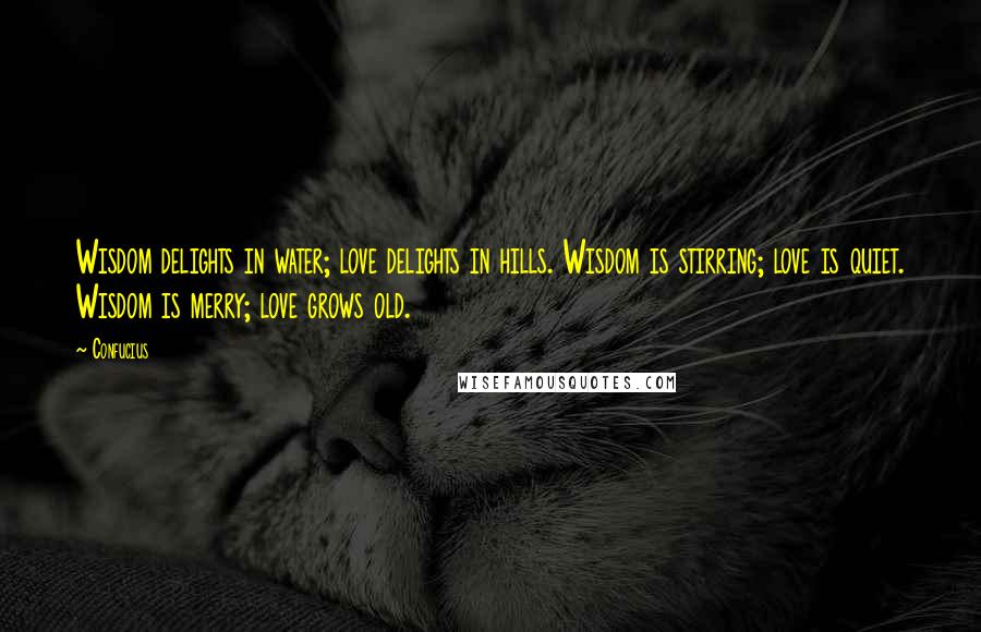 Confucius Quotes: Wisdom delights in water; love delights in hills. Wisdom is stirring; love is quiet. Wisdom is merry; love grows old.