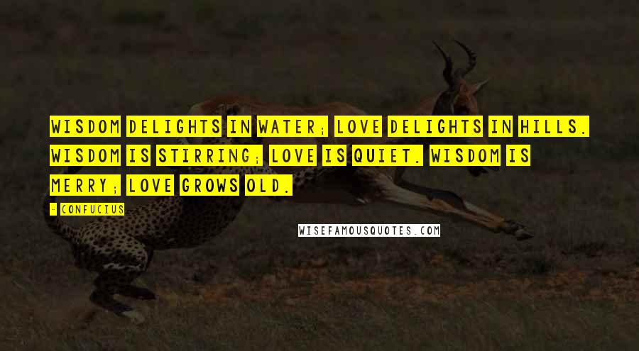 Confucius Quotes: Wisdom delights in water; love delights in hills. Wisdom is stirring; love is quiet. Wisdom is merry; love grows old.