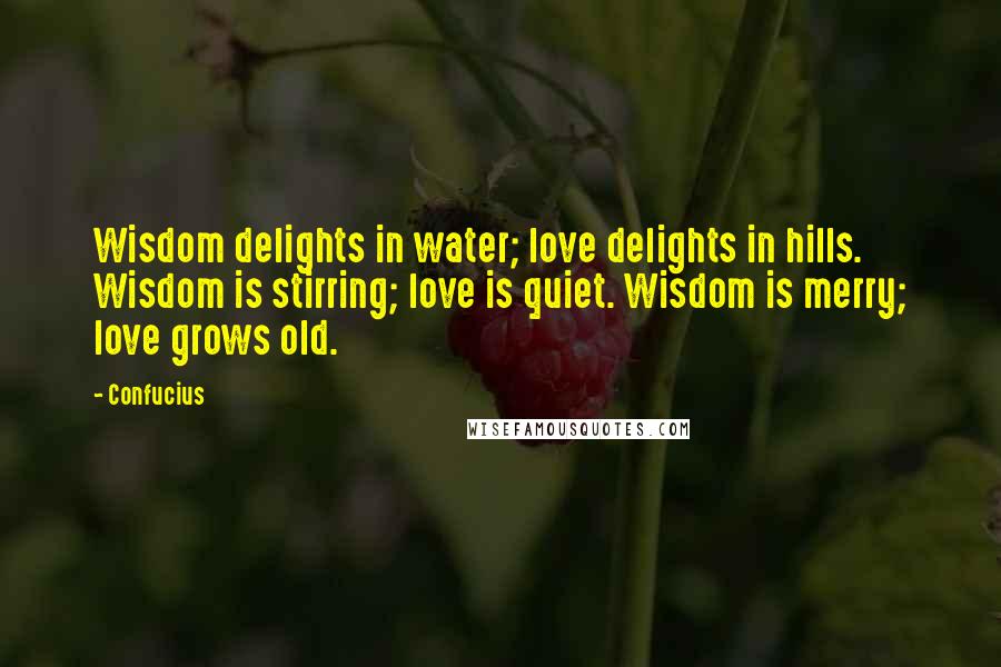 Confucius Quotes: Wisdom delights in water; love delights in hills. Wisdom is stirring; love is quiet. Wisdom is merry; love grows old.