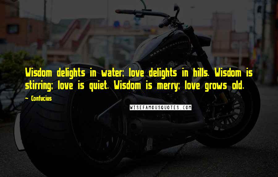 Confucius Quotes: Wisdom delights in water; love delights in hills. Wisdom is stirring; love is quiet. Wisdom is merry; love grows old.