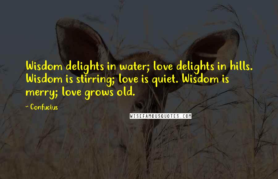 Confucius Quotes: Wisdom delights in water; love delights in hills. Wisdom is stirring; love is quiet. Wisdom is merry; love grows old.