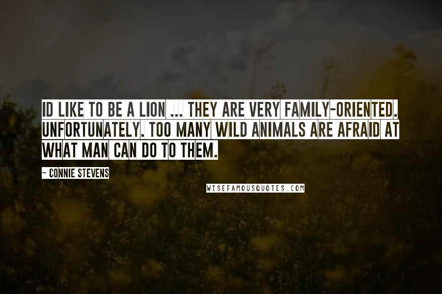 Connie Stevens Quotes: Id like to be a lion ... they are very family-oriented. Unfortunately. too many wild animals are afraid at what man can do to them.