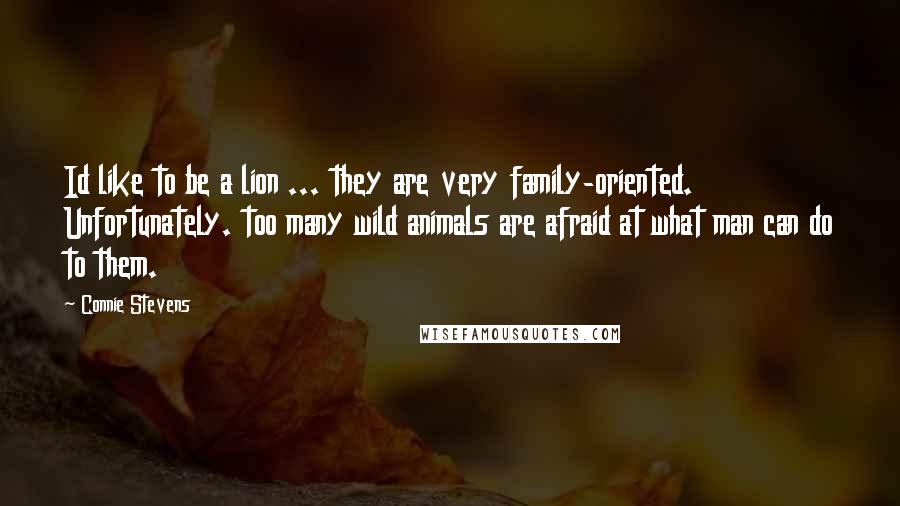 Connie Stevens Quotes: Id like to be a lion ... they are very family-oriented. Unfortunately. too many wild animals are afraid at what man can do to them.