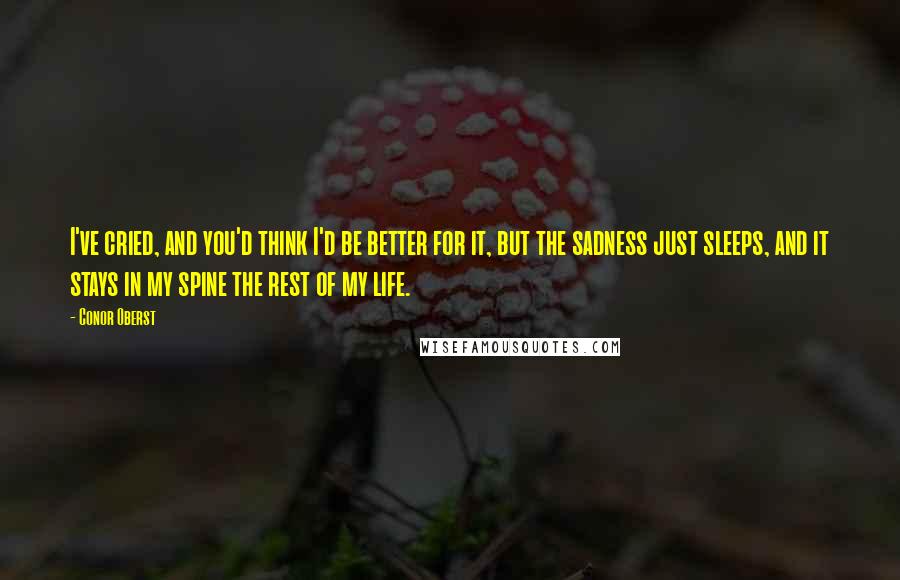Conor Oberst Quotes: I've cried, and you'd think I'd be better for it, but the sadness just sleeps, and it stays in my spine the rest of my life.