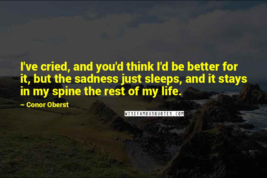 Conor Oberst Quotes: I've cried, and you'd think I'd be better for it, but the sadness just sleeps, and it stays in my spine the rest of my life.