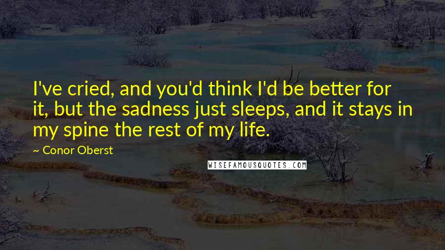 Conor Oberst Quotes: I've cried, and you'd think I'd be better for it, but the sadness just sleeps, and it stays in my spine the rest of my life.