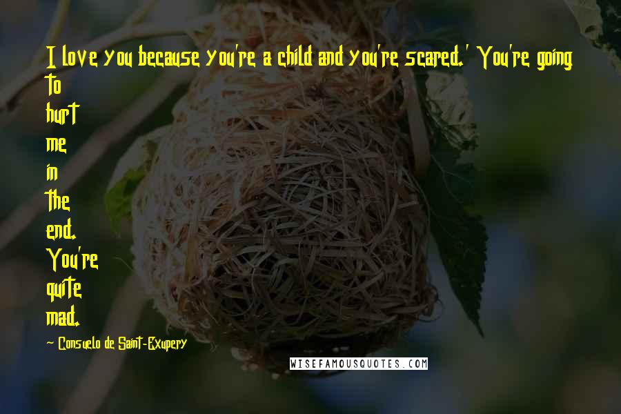 Consuelo De Saint-Exupery Quotes: I love you because you're a child and you're scared.' You're going to hurt me in the end. You're quite mad.