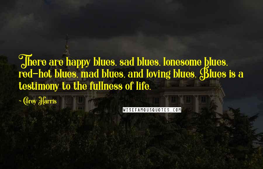 Corey Harris Quotes: There are happy blues, sad blues, lonesome blues, red-hot blues, mad blues, and loving blues. Blues is a testimony to the fullness of life.