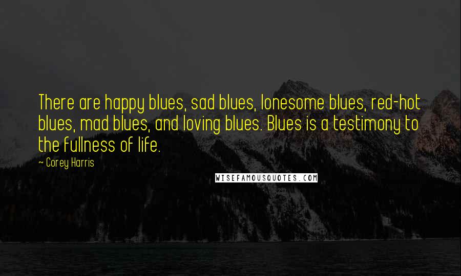 Corey Harris Quotes: There are happy blues, sad blues, lonesome blues, red-hot blues, mad blues, and loving blues. Blues is a testimony to the fullness of life.