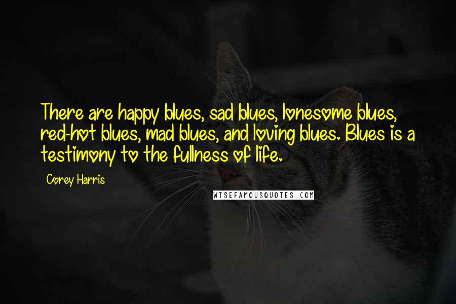 Corey Harris Quotes: There are happy blues, sad blues, lonesome blues, red-hot blues, mad blues, and loving blues. Blues is a testimony to the fullness of life.