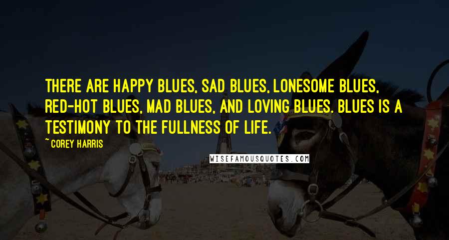 Corey Harris Quotes: There are happy blues, sad blues, lonesome blues, red-hot blues, mad blues, and loving blues. Blues is a testimony to the fullness of life.