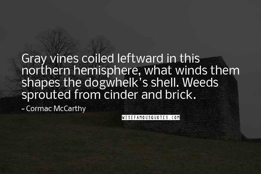 Cormac McCarthy Quotes: Gray vines coiled leftward in this northern hemisphere, what winds them shapes the dogwhelk's shell. Weeds sprouted from cinder and brick.
