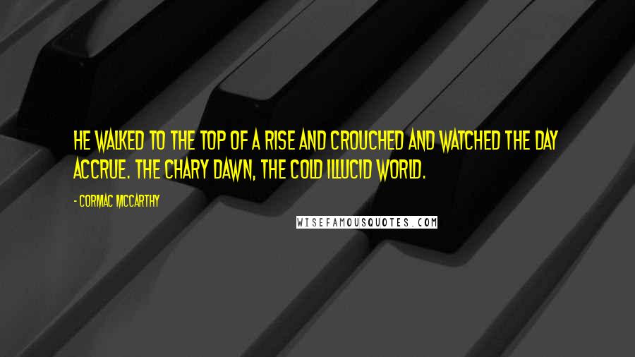 Cormac McCarthy Quotes: He walked to the top of a rise and crouched and watched the day accrue. The chary dawn, the cold illucid world.