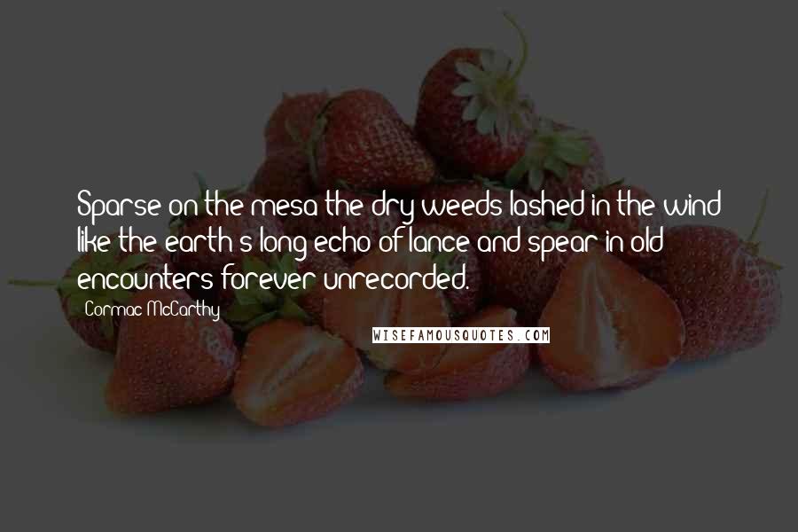 Cormac McCarthy Quotes: Sparse on the mesa the dry weeds lashed in the wind like the earth's long echo of lance and spear in old encounters forever unrecorded.