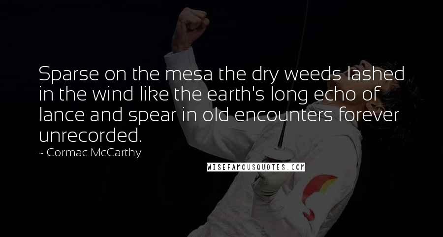 Cormac McCarthy Quotes: Sparse on the mesa the dry weeds lashed in the wind like the earth's long echo of lance and spear in old encounters forever unrecorded.