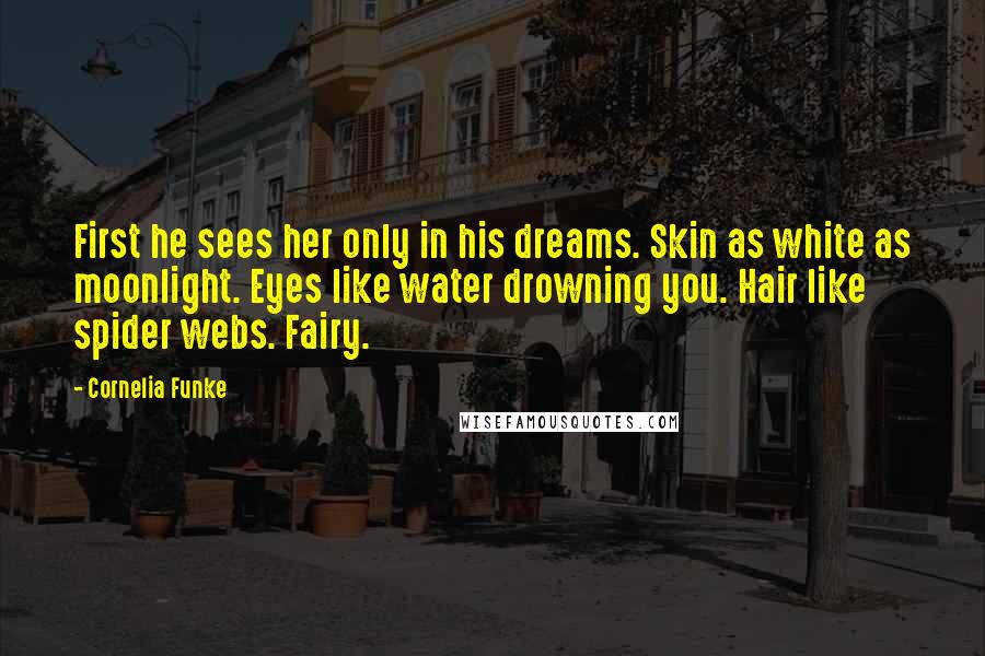 Cornelia Funke Quotes: First he sees her only in his dreams. Skin as white as moonlight. Eyes like water drowning you. Hair like spider webs. Fairy.