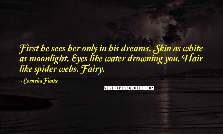 Cornelia Funke Quotes: First he sees her only in his dreams. Skin as white as moonlight. Eyes like water drowning you. Hair like spider webs. Fairy.