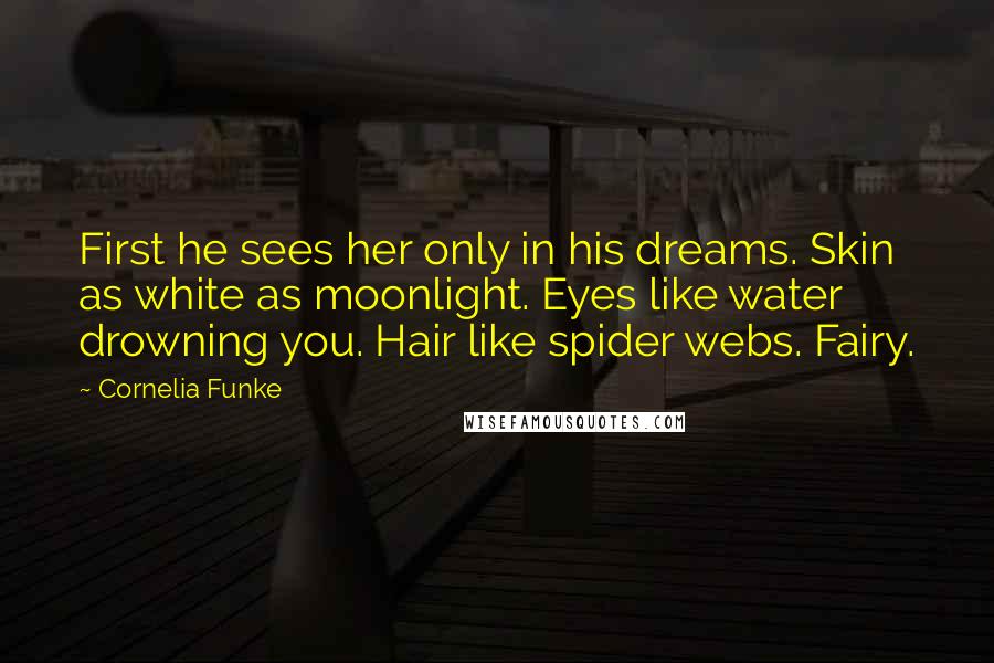 Cornelia Funke Quotes: First he sees her only in his dreams. Skin as white as moonlight. Eyes like water drowning you. Hair like spider webs. Fairy.
