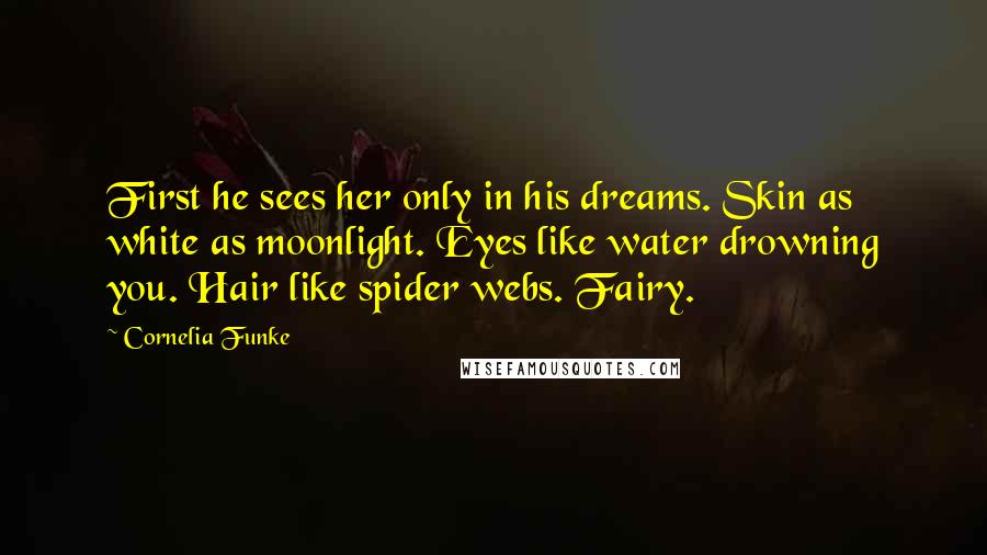 Cornelia Funke Quotes: First he sees her only in his dreams. Skin as white as moonlight. Eyes like water drowning you. Hair like spider webs. Fairy.