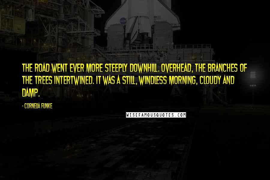 Cornelia Funke Quotes: The road went ever more steeply downhill. Overhead, the branches of the trees intertwined. It was a still, windless morning, cloudy and damp.