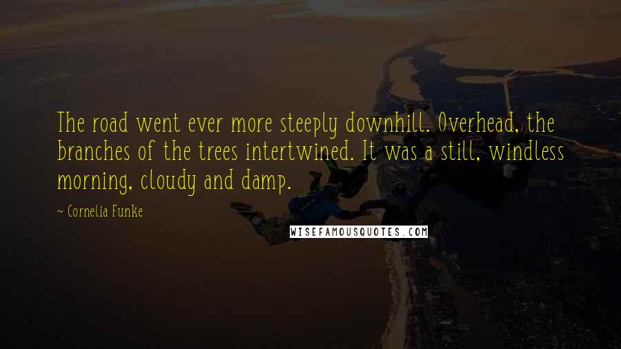 Cornelia Funke Quotes: The road went ever more steeply downhill. Overhead, the branches of the trees intertwined. It was a still, windless morning, cloudy and damp.