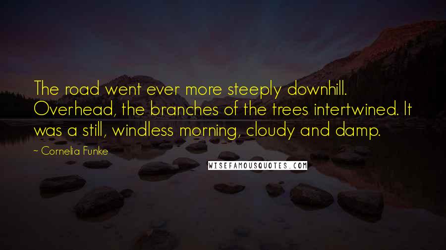 Cornelia Funke Quotes: The road went ever more steeply downhill. Overhead, the branches of the trees intertwined. It was a still, windless morning, cloudy and damp.