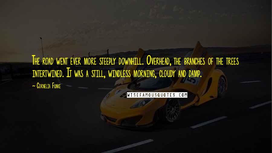 Cornelia Funke Quotes: The road went ever more steeply downhill. Overhead, the branches of the trees intertwined. It was a still, windless morning, cloudy and damp.