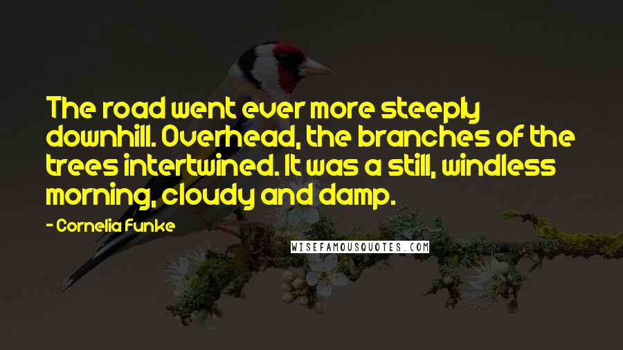 Cornelia Funke Quotes: The road went ever more steeply downhill. Overhead, the branches of the trees intertwined. It was a still, windless morning, cloudy and damp.