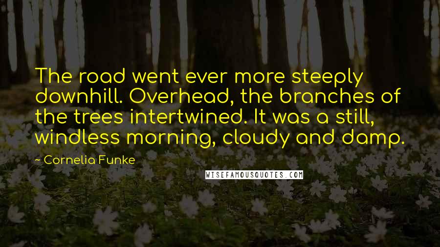 Cornelia Funke Quotes: The road went ever more steeply downhill. Overhead, the branches of the trees intertwined. It was a still, windless morning, cloudy and damp.