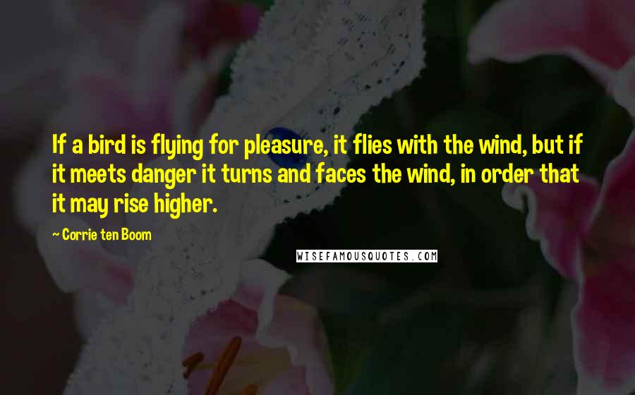 Corrie Ten Boom Quotes: If a bird is flying for pleasure, it flies with the wind, but if it meets danger it turns and faces the wind, in order that it may rise higher.