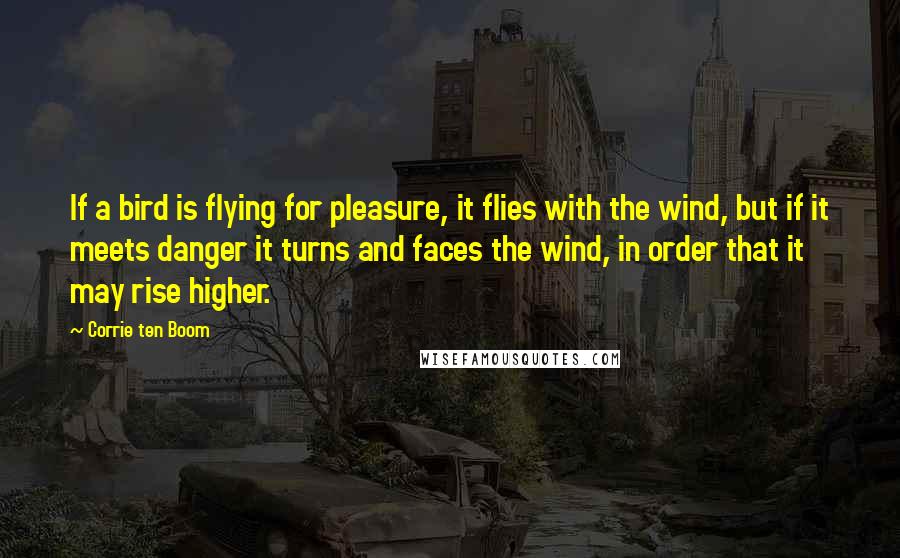 Corrie Ten Boom Quotes: If a bird is flying for pleasure, it flies with the wind, but if it meets danger it turns and faces the wind, in order that it may rise higher.