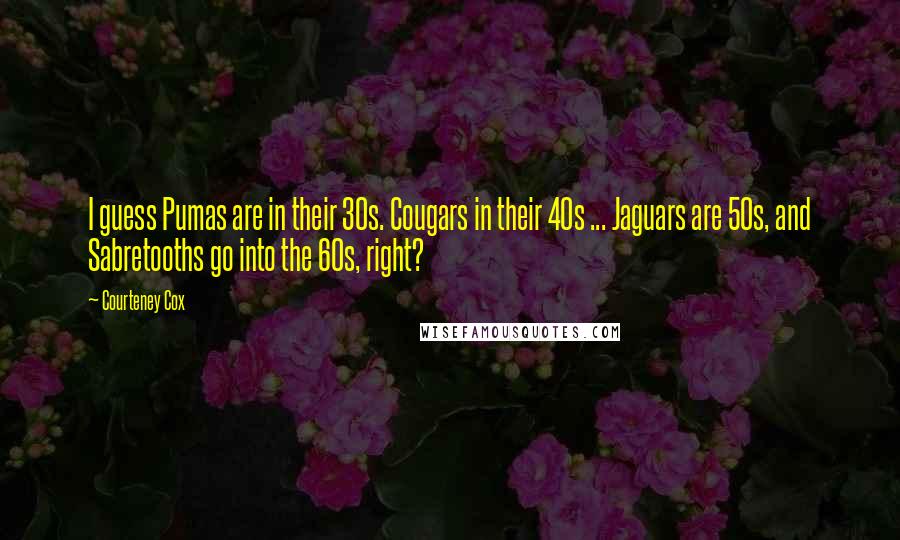 Courteney Cox Quotes: I guess Pumas are in their 30s. Cougars in their 40s ... Jaguars are 50s, and Sabretooths go into the 60s, right?