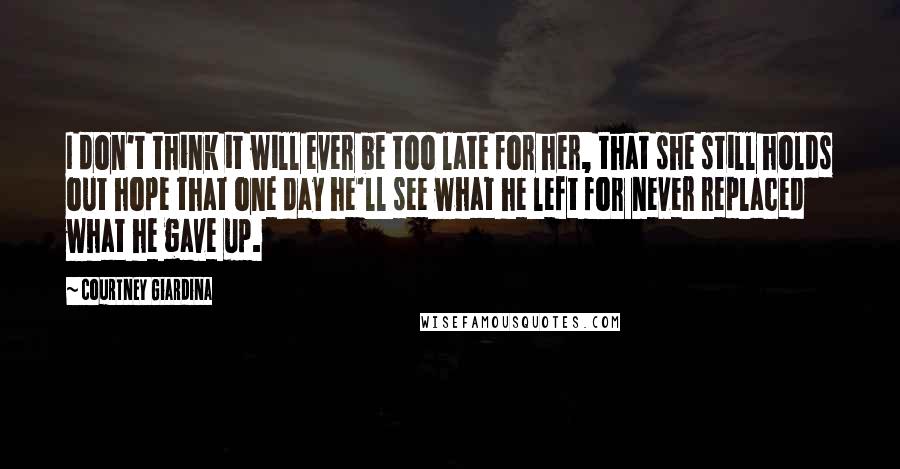 Courtney Giardina Quotes: I don't think it will ever be too late for her, that she still holds out hope that one day he'll see what he left for never replaced what he gave up.