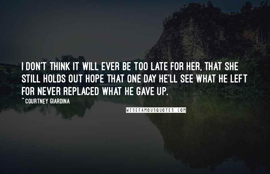 Courtney Giardina Quotes: I don't think it will ever be too late for her, that she still holds out hope that one day he'll see what he left for never replaced what he gave up.