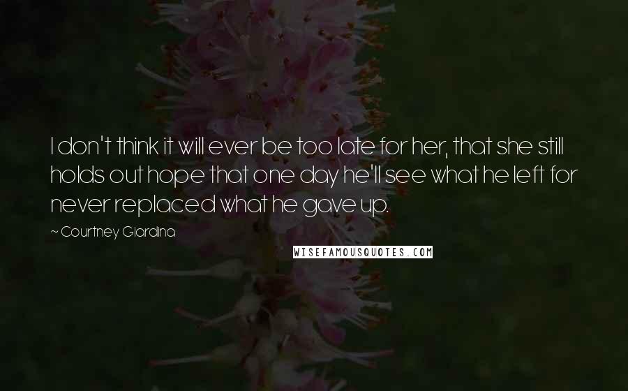 Courtney Giardina Quotes: I don't think it will ever be too late for her, that she still holds out hope that one day he'll see what he left for never replaced what he gave up.