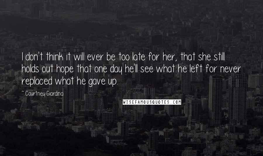 Courtney Giardina Quotes: I don't think it will ever be too late for her, that she still holds out hope that one day he'll see what he left for never replaced what he gave up.