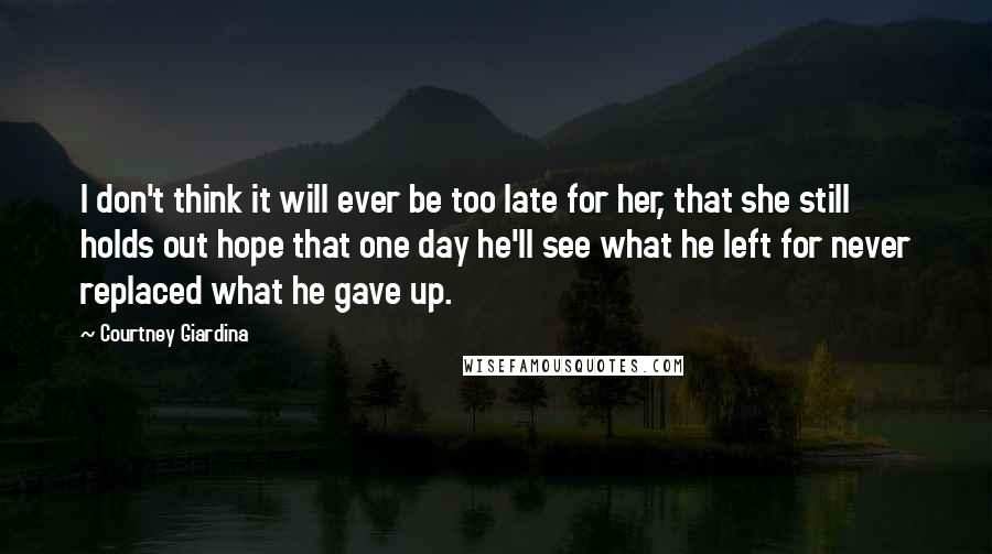 Courtney Giardina Quotes: I don't think it will ever be too late for her, that she still holds out hope that one day he'll see what he left for never replaced what he gave up.