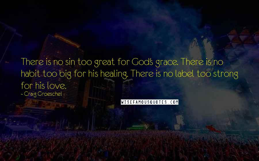 Craig Groeschel Quotes: There is no sin too great for God's grace. There is no habit too big for his healing. There is no label too strong for his love.