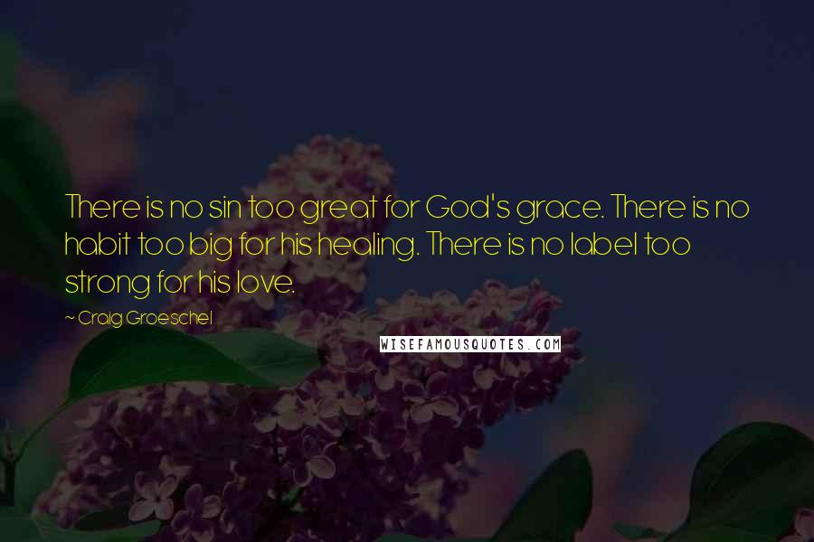 Craig Groeschel Quotes: There is no sin too great for God's grace. There is no habit too big for his healing. There is no label too strong for his love.