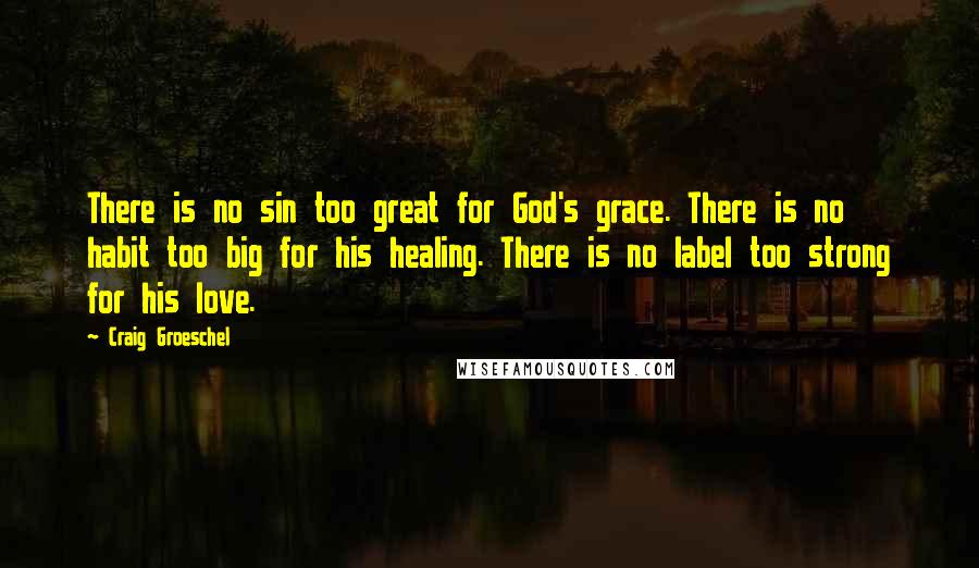 Craig Groeschel Quotes: There is no sin too great for God's grace. There is no habit too big for his healing. There is no label too strong for his love.