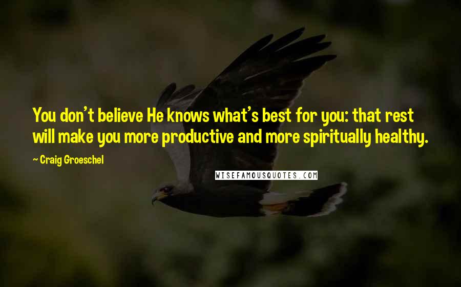 Craig Groeschel Quotes: You don't believe He knows what's best for you: that rest will make you more productive and more spiritually healthy.