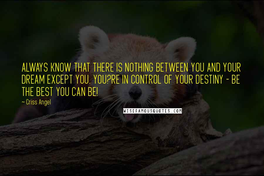 Criss Angel Quotes: ALWAYS KNOW THAT THERE IS NOTHING BETWEEN YOU AND YOUR DREAM EXCEPT YOU. YOU?RE IN CONTROL OF YOUR DESTINY - BE THE BEST YOU CAN BE!