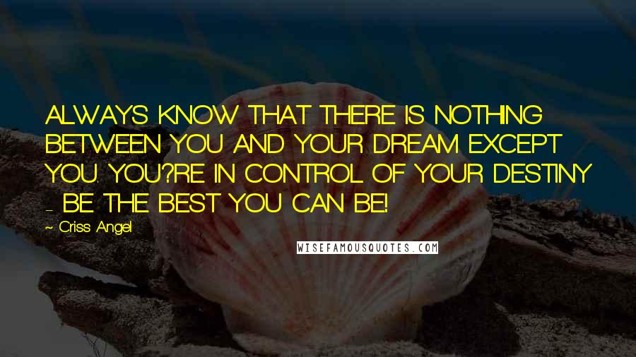 Criss Angel Quotes: ALWAYS KNOW THAT THERE IS NOTHING BETWEEN YOU AND YOUR DREAM EXCEPT YOU. YOU?RE IN CONTROL OF YOUR DESTINY - BE THE BEST YOU CAN BE!